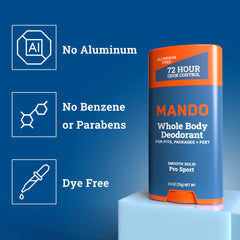 Mando Pro Sport aluminum-free formula shown for safe, metal-free odor defense