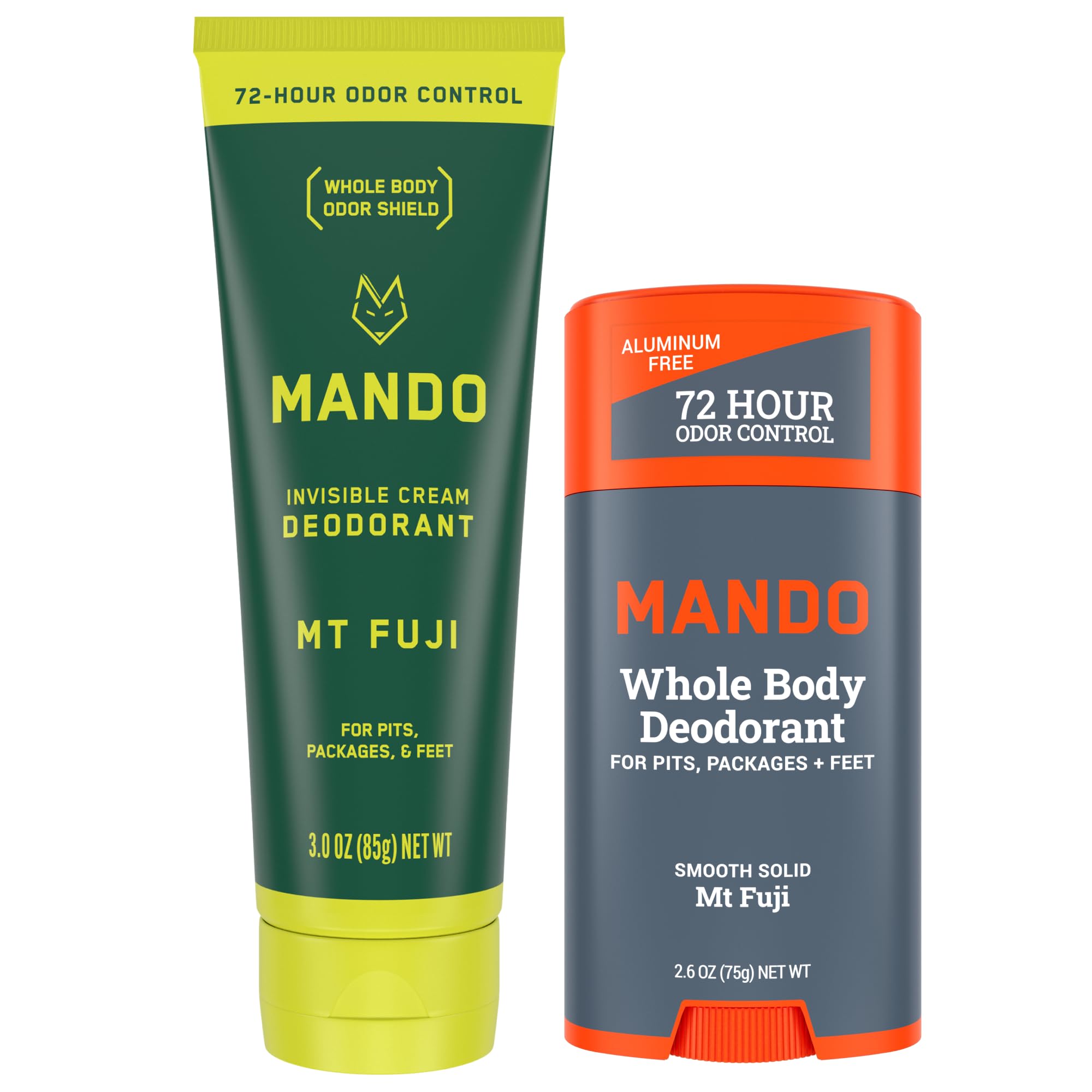 Mando skin-safe label emphasizes aluminum-free and baking-soda-free formula.
