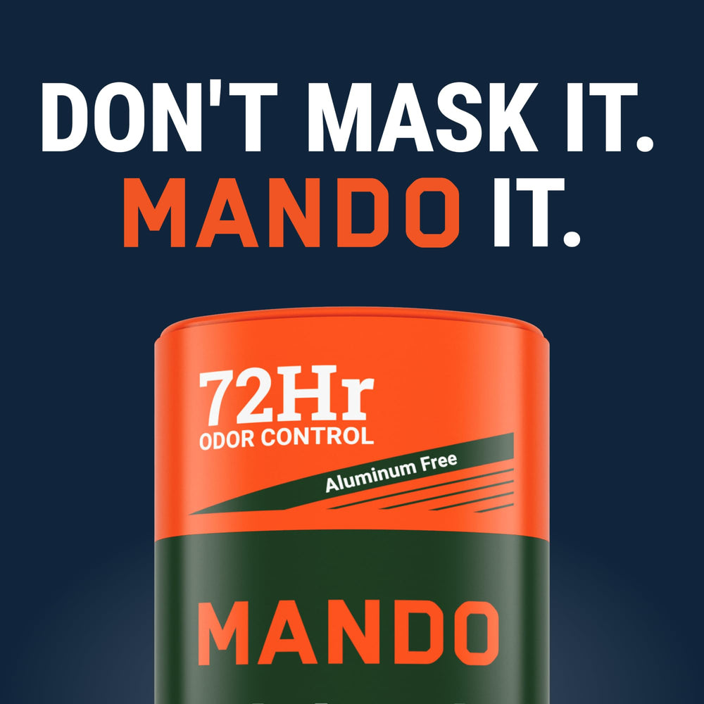 Mando skin-safe formula emphasizes aluminum- and baking-soda-free care for sensitive skin.