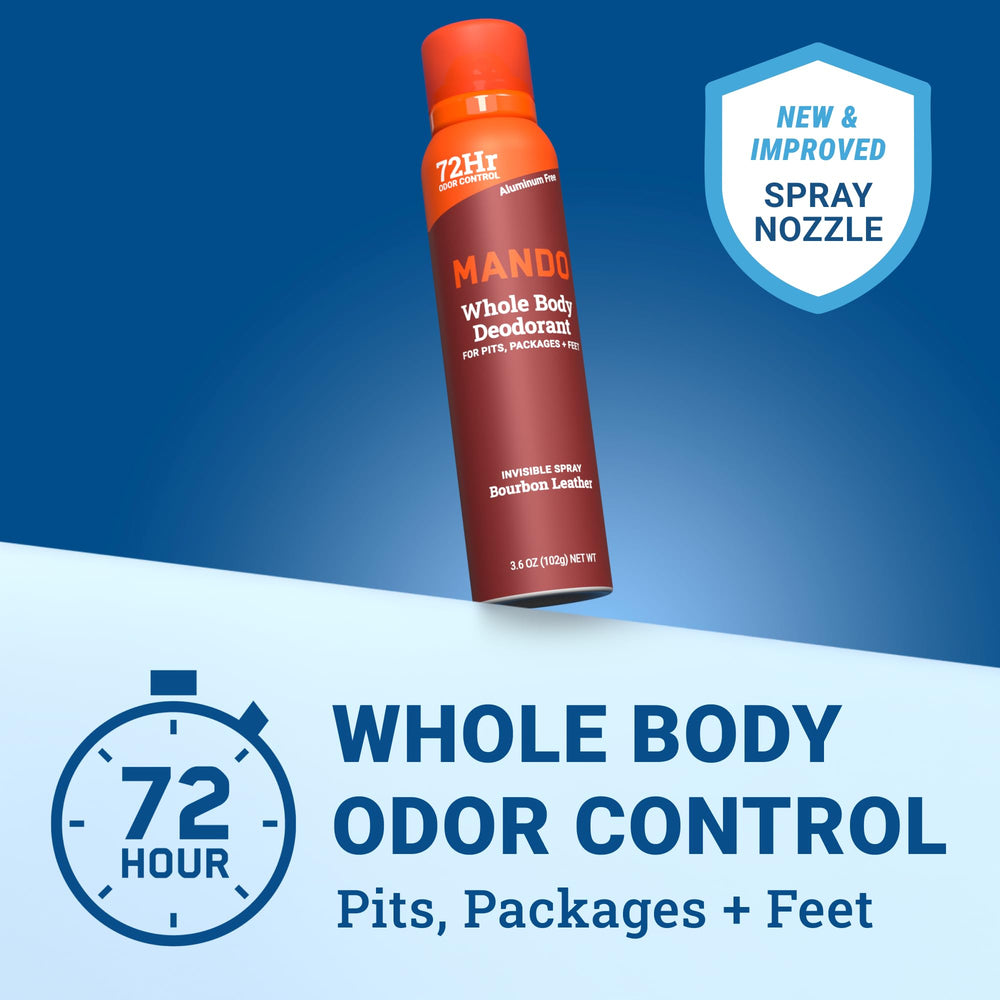 Mando whole body deodorant spray application shows broad coverage