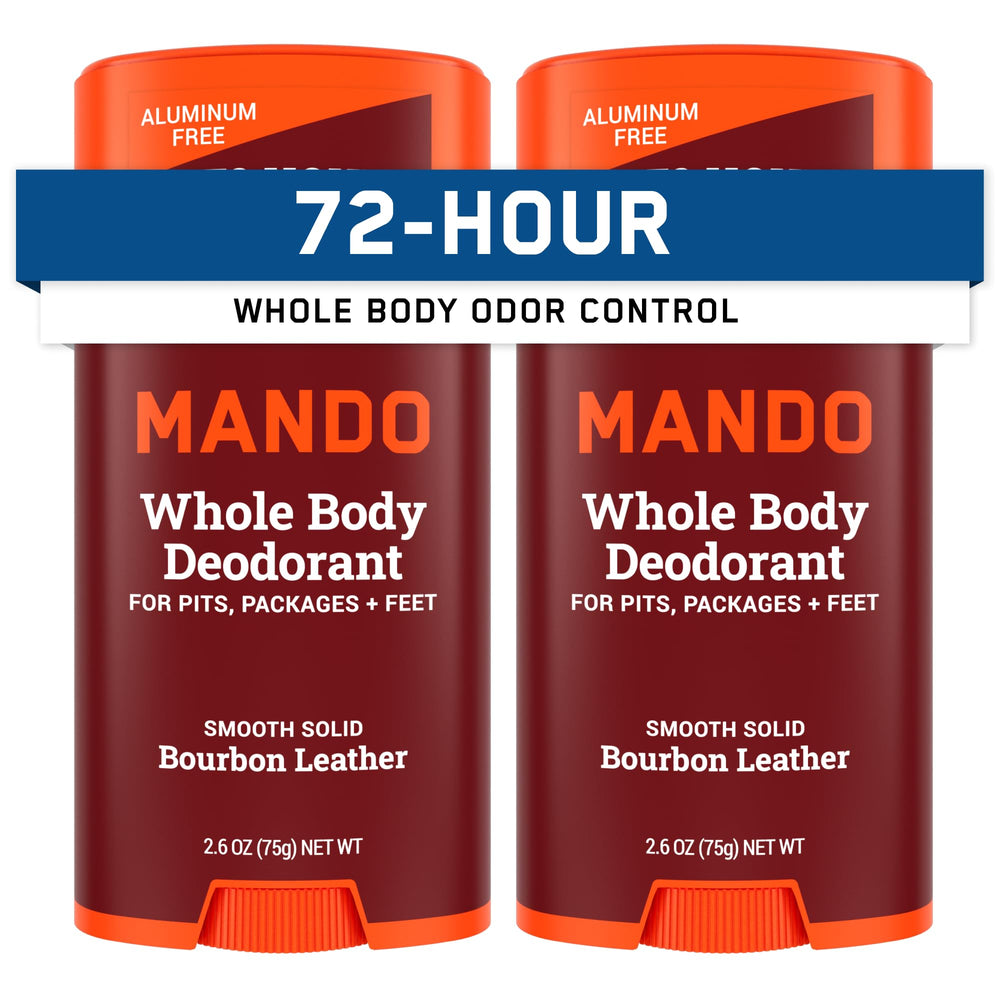 Mando whole-body deodorant stick Bourbon Leather delivers all-day odor control.