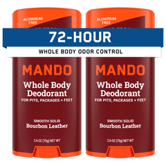 Mando whole-body deodorant stick Bourbon Leather delivers all-day odor control.