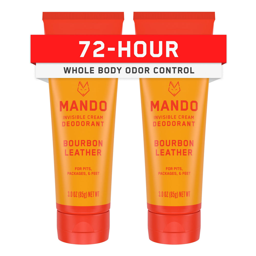 Mando Whole Body Deodorant Bourbon Leather tube front for discreet, invisible protection.