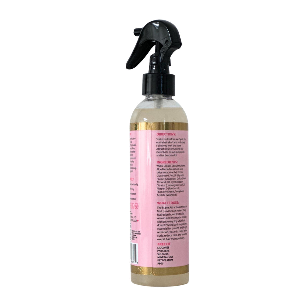 The Mane Attraction Nourishing Daily Hair Growth Moisture Mist closeup ingredients highlights Aloe Vera and Honey benefits