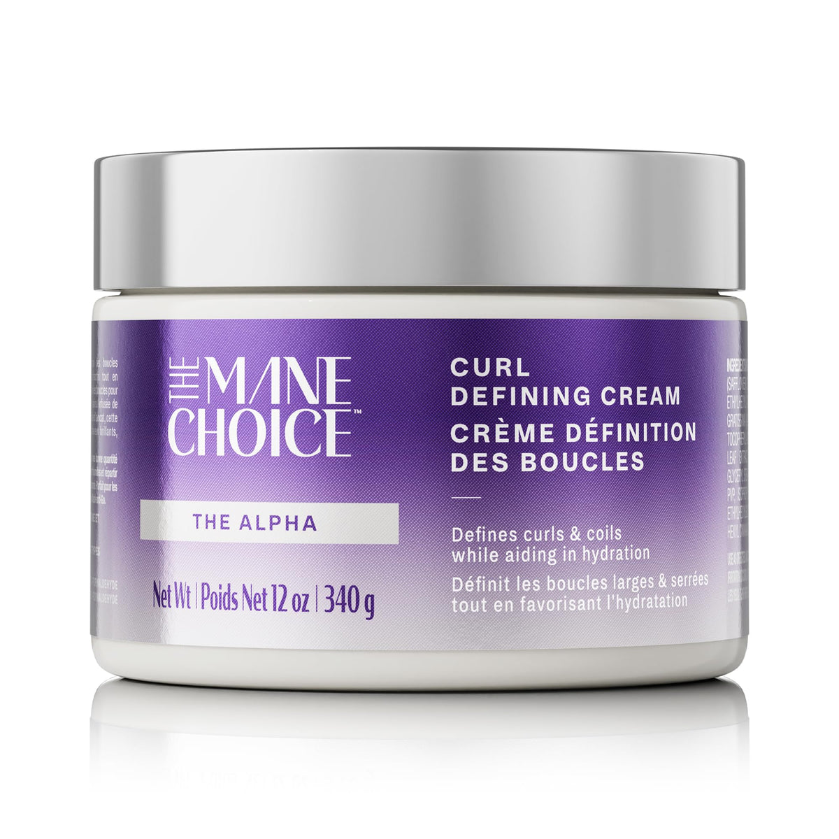 The Mane Choice Alpha Curly Curl Defining Cream bottle highlights hydrated curls and frizz control.