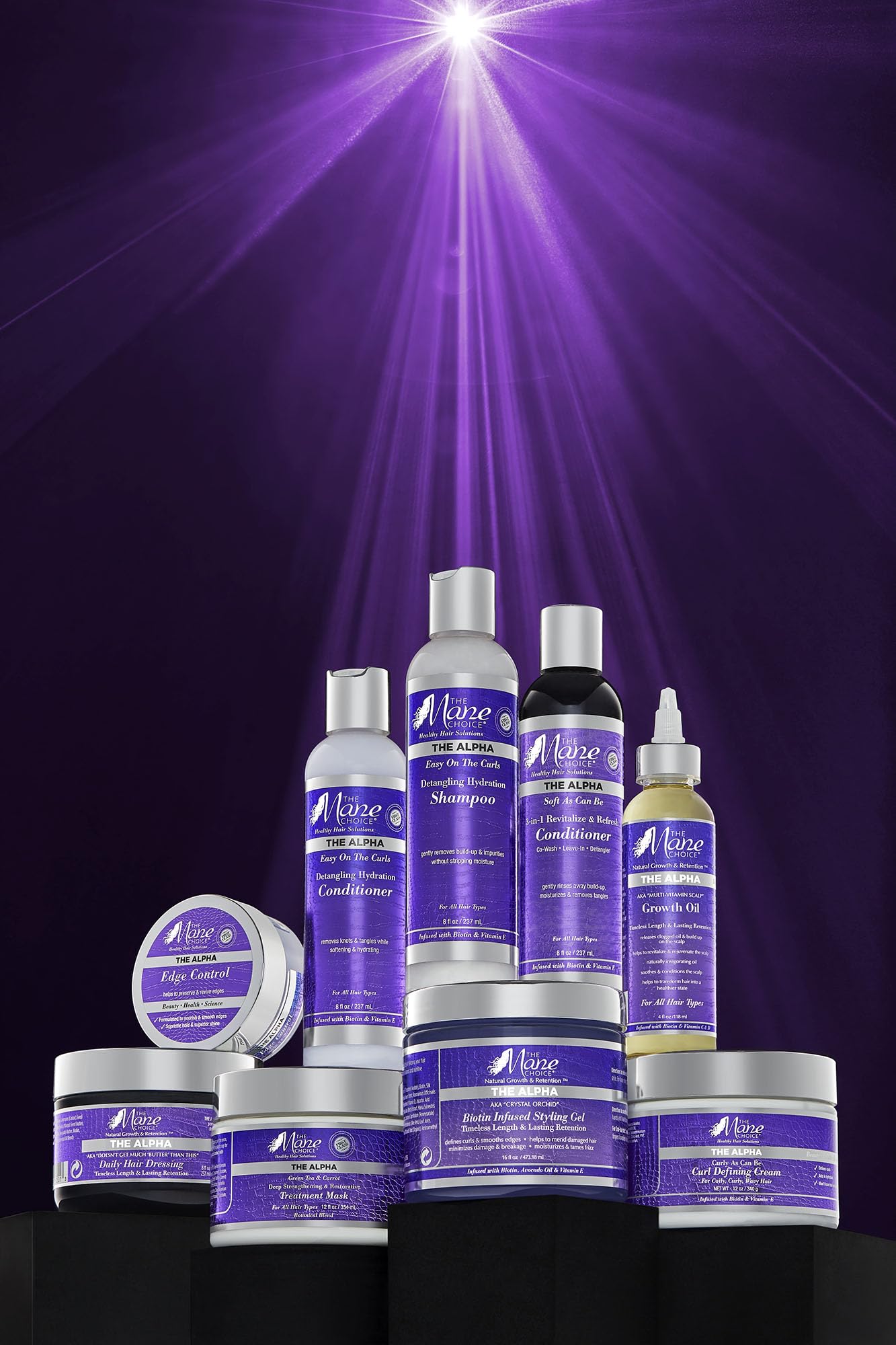 The Mane Choice Alpha Curly Cream texture close-up suggests creamy, moisturizing consistency.