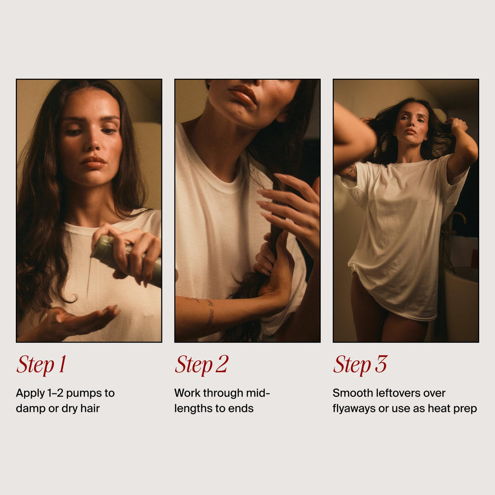 MANE IVY Hair Elixir Serum applied to dry hair to refresh waves and tame frizz