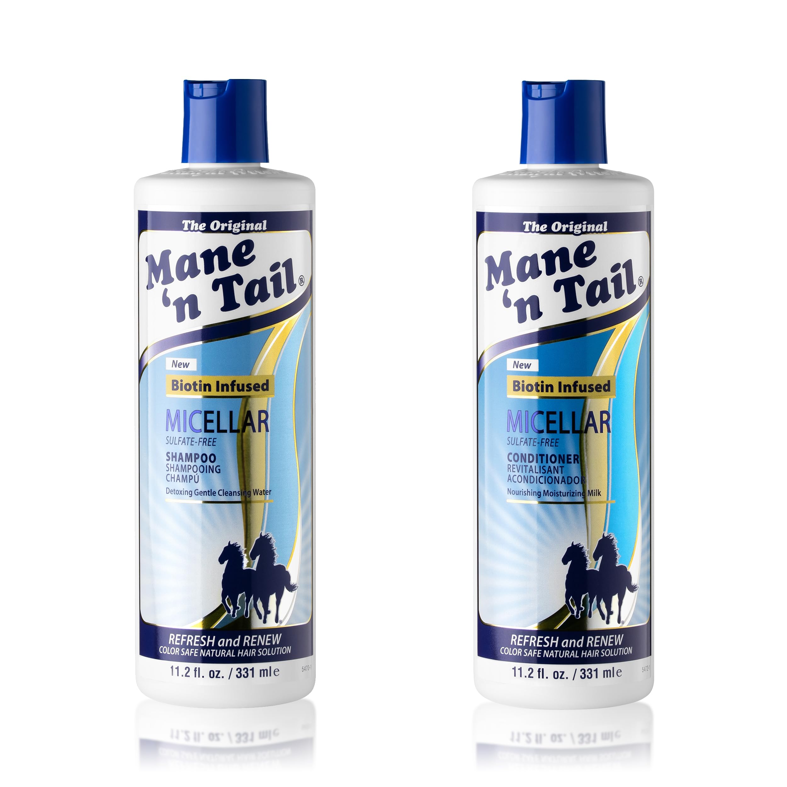 Mane 'n Tail micellar shampoo bottle pouring, promoting gentle detox for scalp and hair