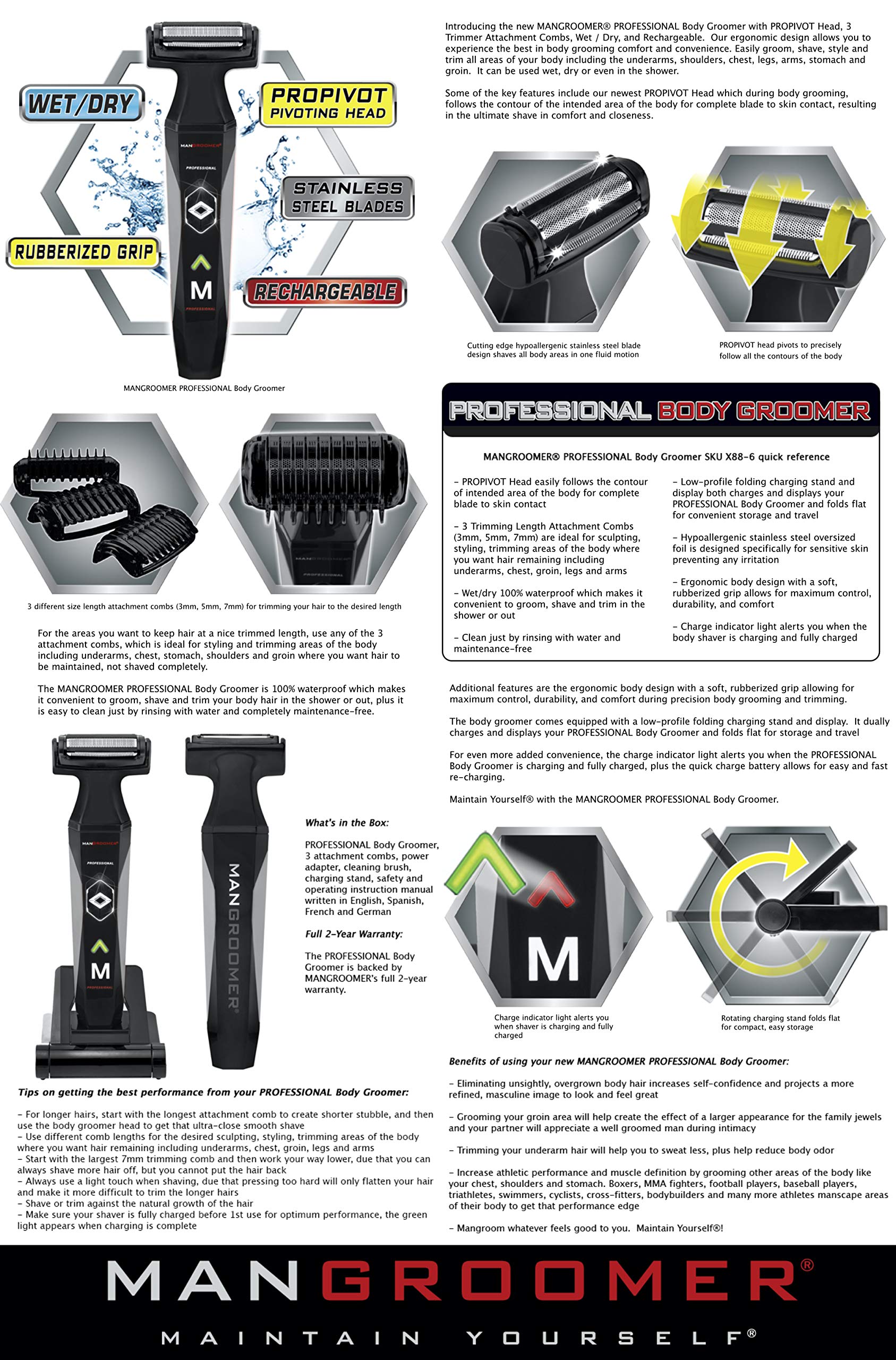 MANGROOMER 2.0 wet/dry capability enables in-shower grooming and dry touchups.