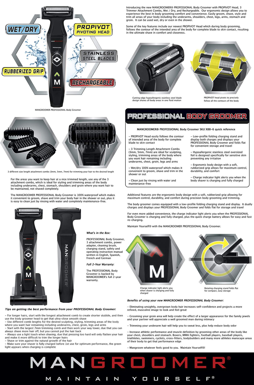 MANGROOMER 2.0 wet/dry capability enables in-shower grooming and dry touchups.