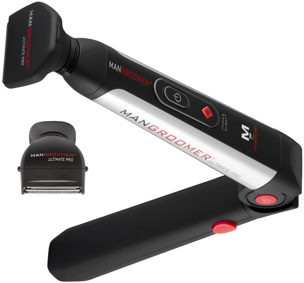 Mangroomer wide blade close-up shows hypoallergenic stainless steel for sensitive skin.