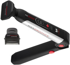 Mangroomer wide blade close-up shows hypoallergenic stainless steel for sensitive skin.
