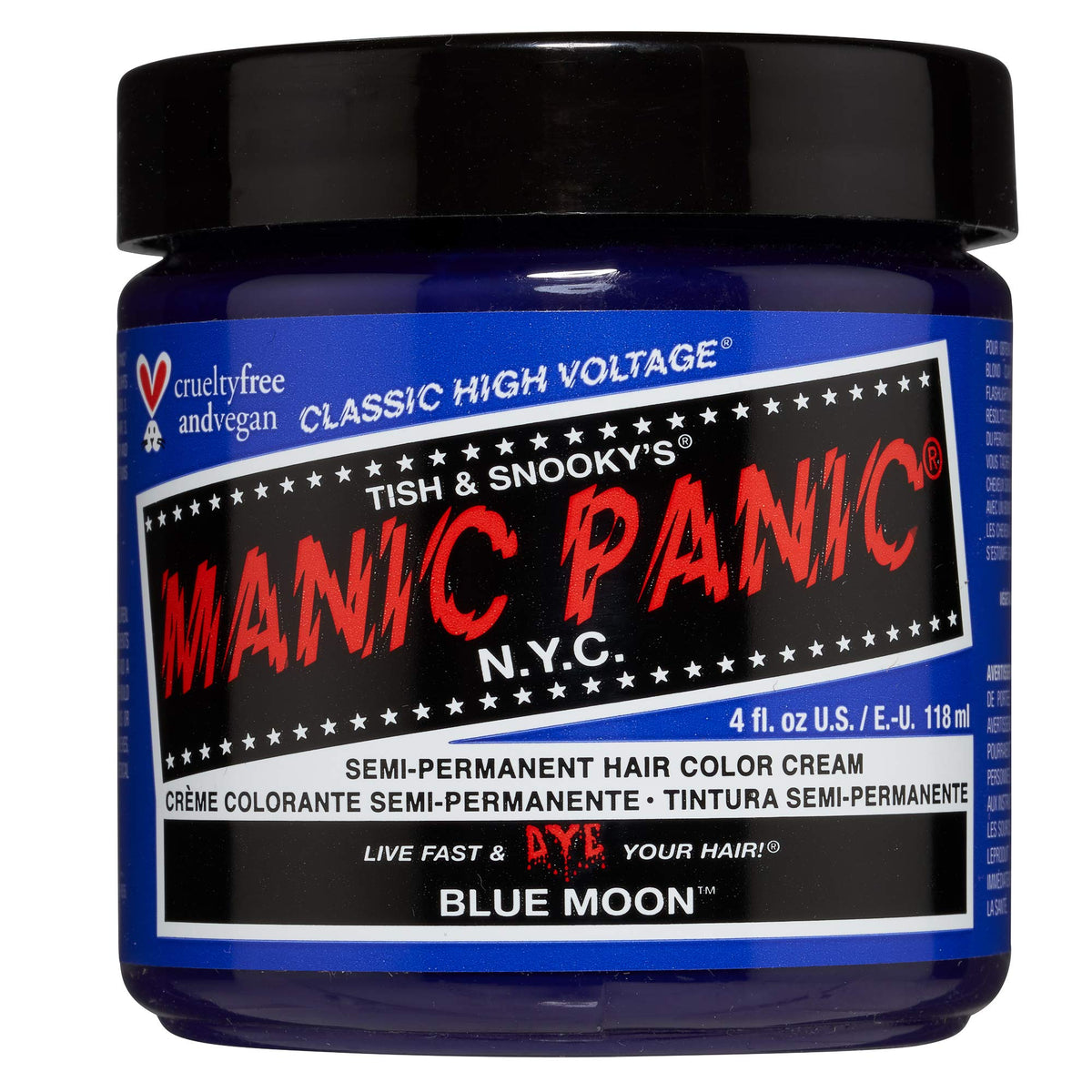 MANIC PANIC Blue Moon bottle closeup showing vibrant neon blue for DIY color lovers.