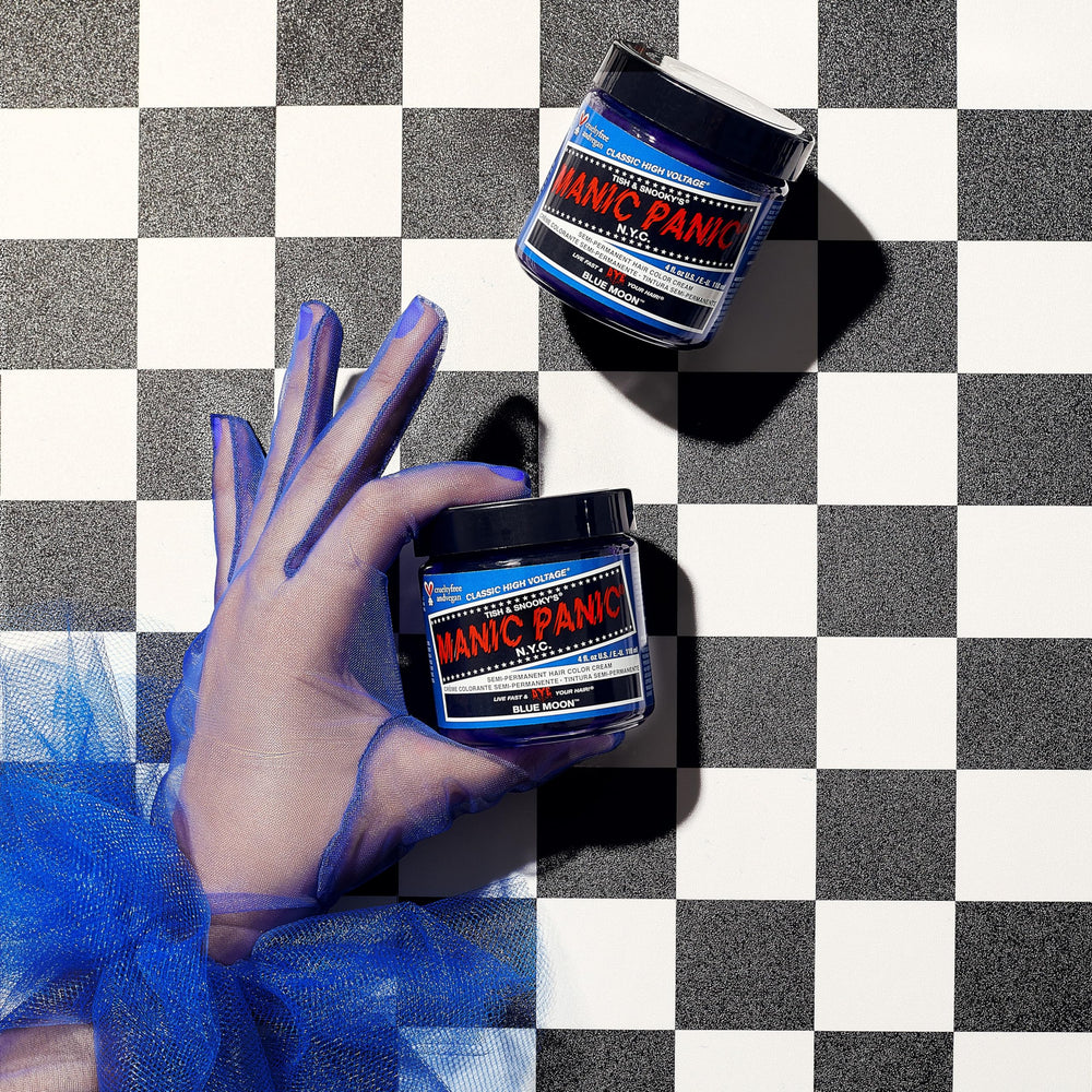 MANIC PANIC Blue Moon mixing bowl shows customizable shade mixing possibilities.