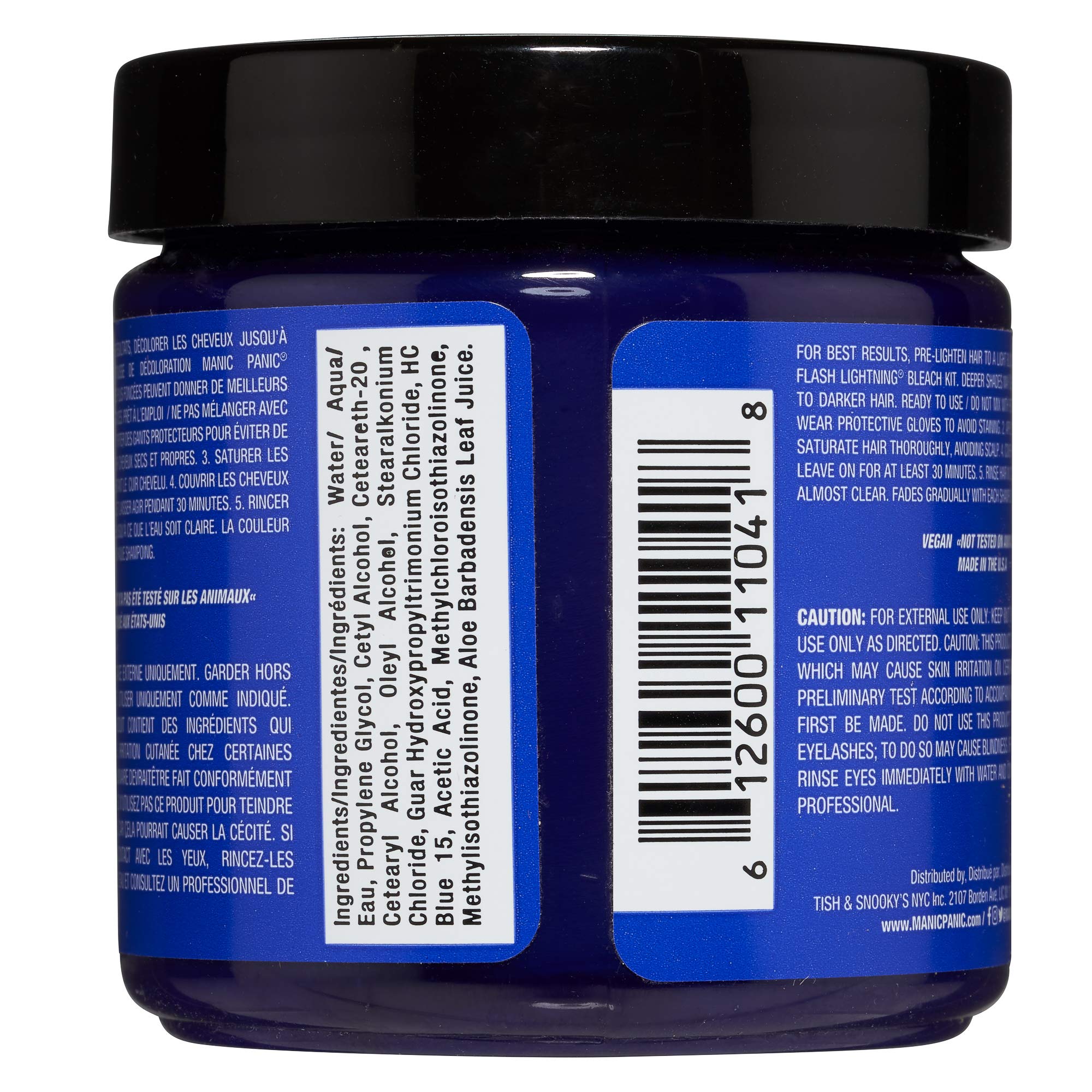 MANIC PANIC Blue Moon swatch on hair demonstrates bright true blue shade.