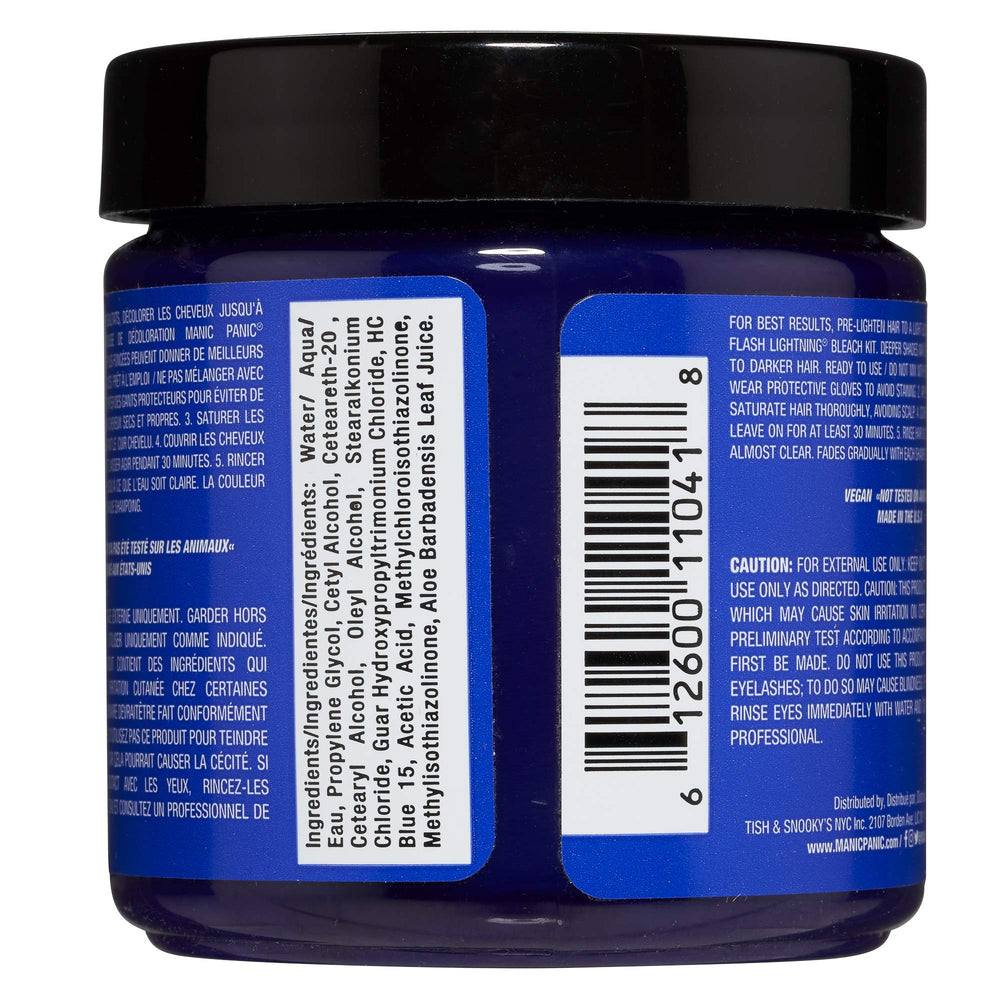 MANIC PANIC Blue Moon swatch on hair demonstrates bright true blue shade.