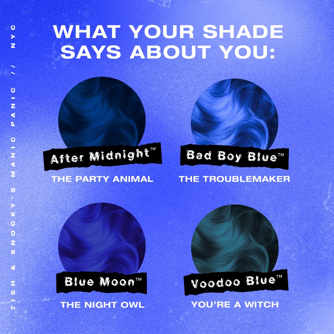 MANIC PANIC Blue Moon vegan/cruelty-free badge signals ethical hair color.