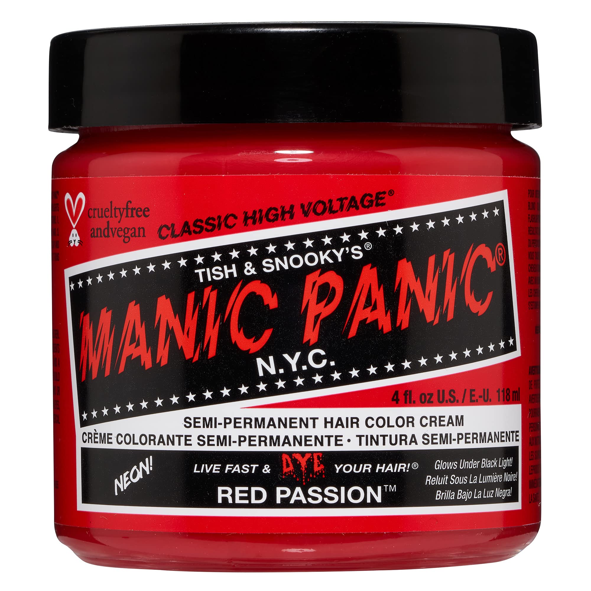 MANIC PANIC Classic Red Passion bottle shows vibrant cherry red color for bold DIY hair color.