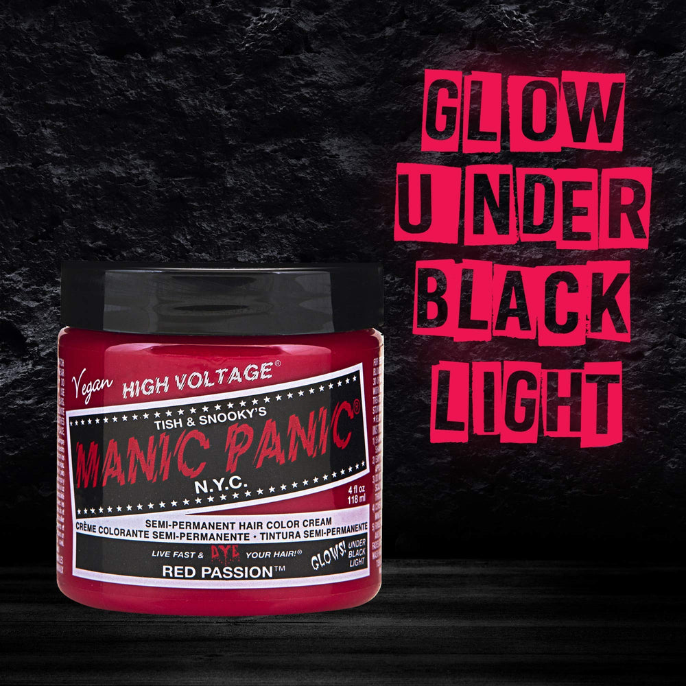 MANIC PANIC Classic Red Passion on dark hair yields a deeper red tone.