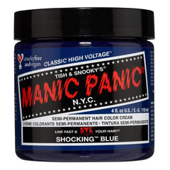 MANIC PANIC Shocking Blue bottle shows high-pigment color for bold, long-lasting results.