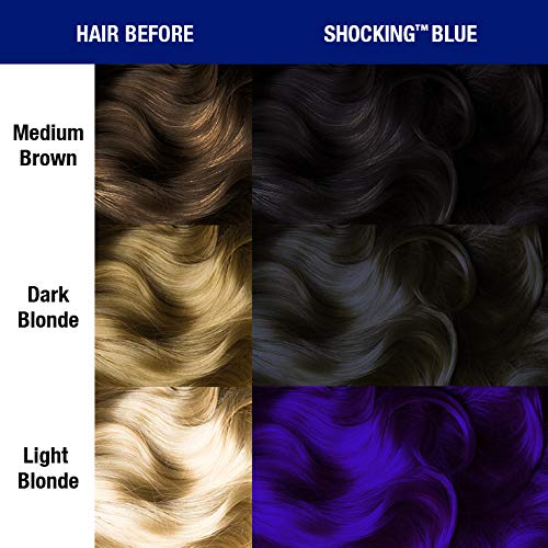MANIC PANIC Shocking Blue on lightened hair shows best results on pre-lightened levels 9-10.