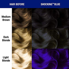 MANIC PANIC Shocking Blue on lightened hair shows best results on pre-lightened levels 9-10.