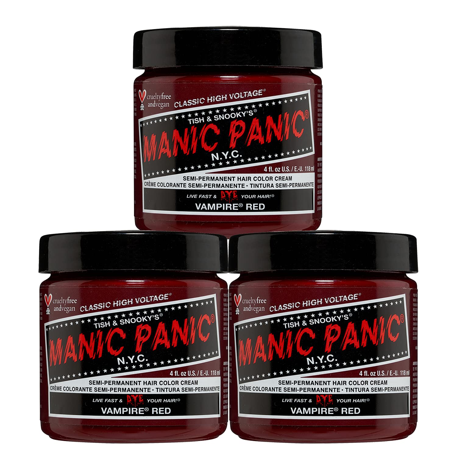 MANIC PANIC Vampire Red bottle pour showcases vibrant color for at-home dye applications.