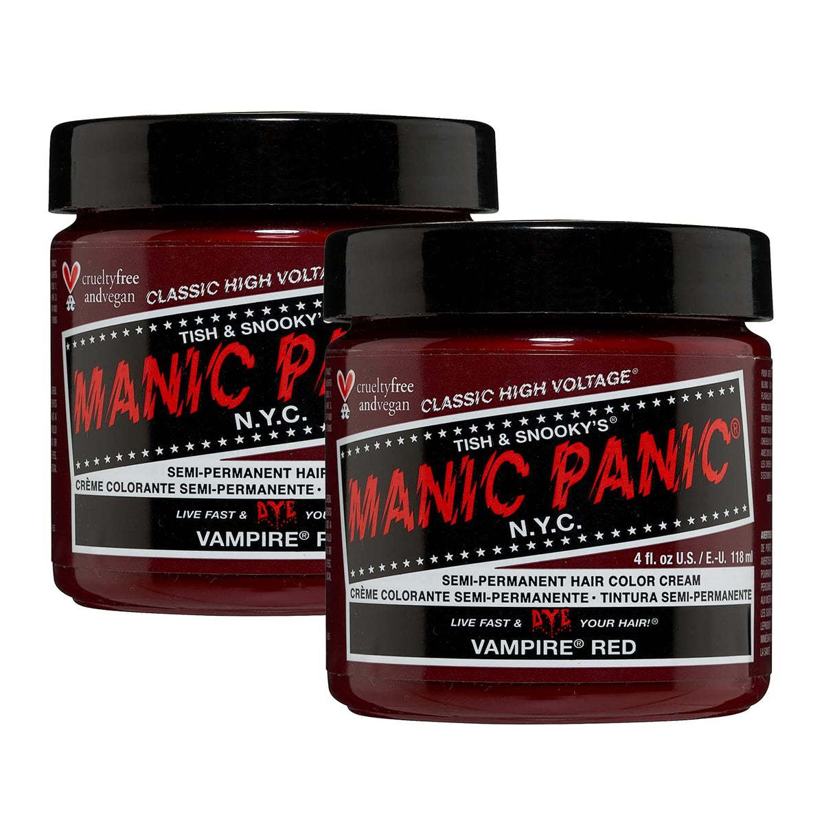 MANIC PANIC Vampire Red bottle delivers vibrant, long-lasting color for DIY and salon use.