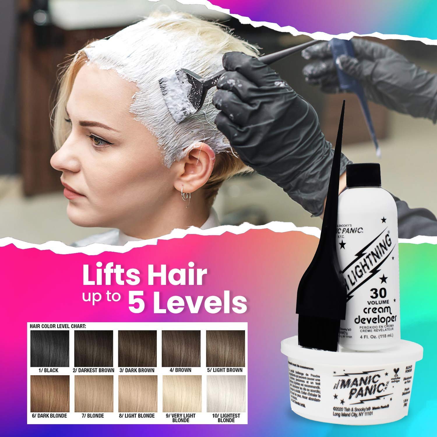 MANIC PANIC gloves, mixing tub, and tint brush for easy at-home use.