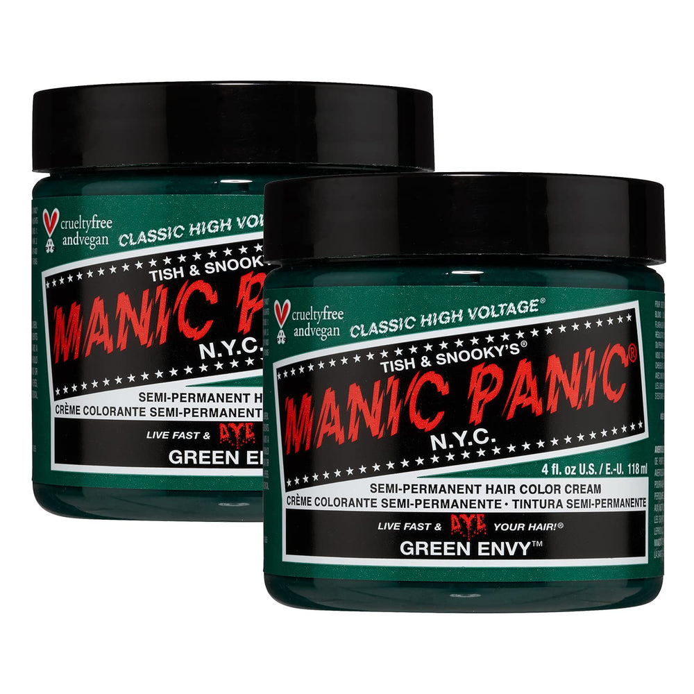 MANIC PANIC Green Envy bottle closeup highlights vibrant emerald shade for vivid color.