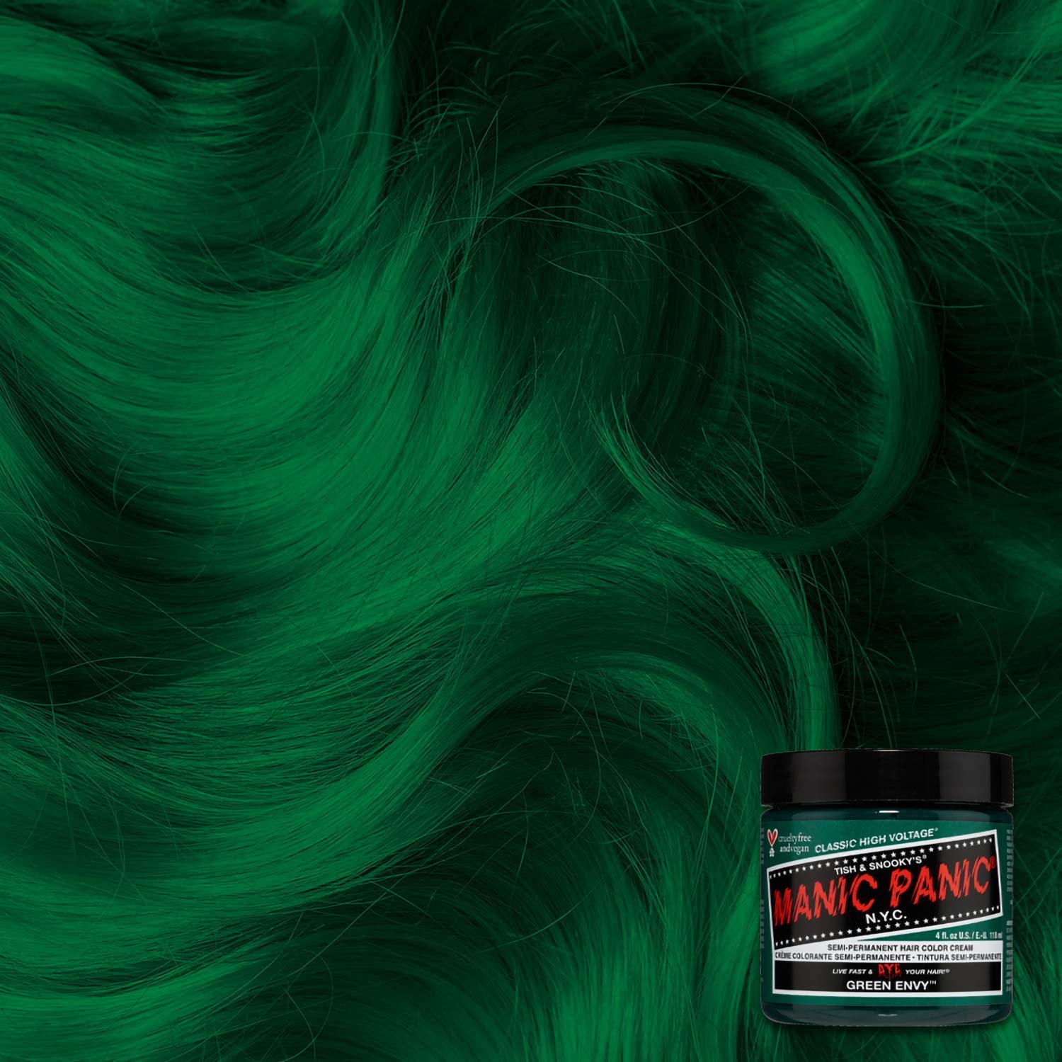 MANIC PANIC Green Envy swatch emerald reveals rich pigmentation and blue-tinged depth.