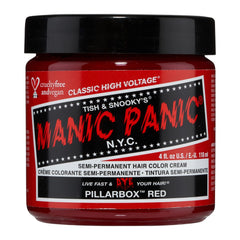 MANIC PANIC Pillarbox Red bottle closeup shows vibrant true red for DIY color