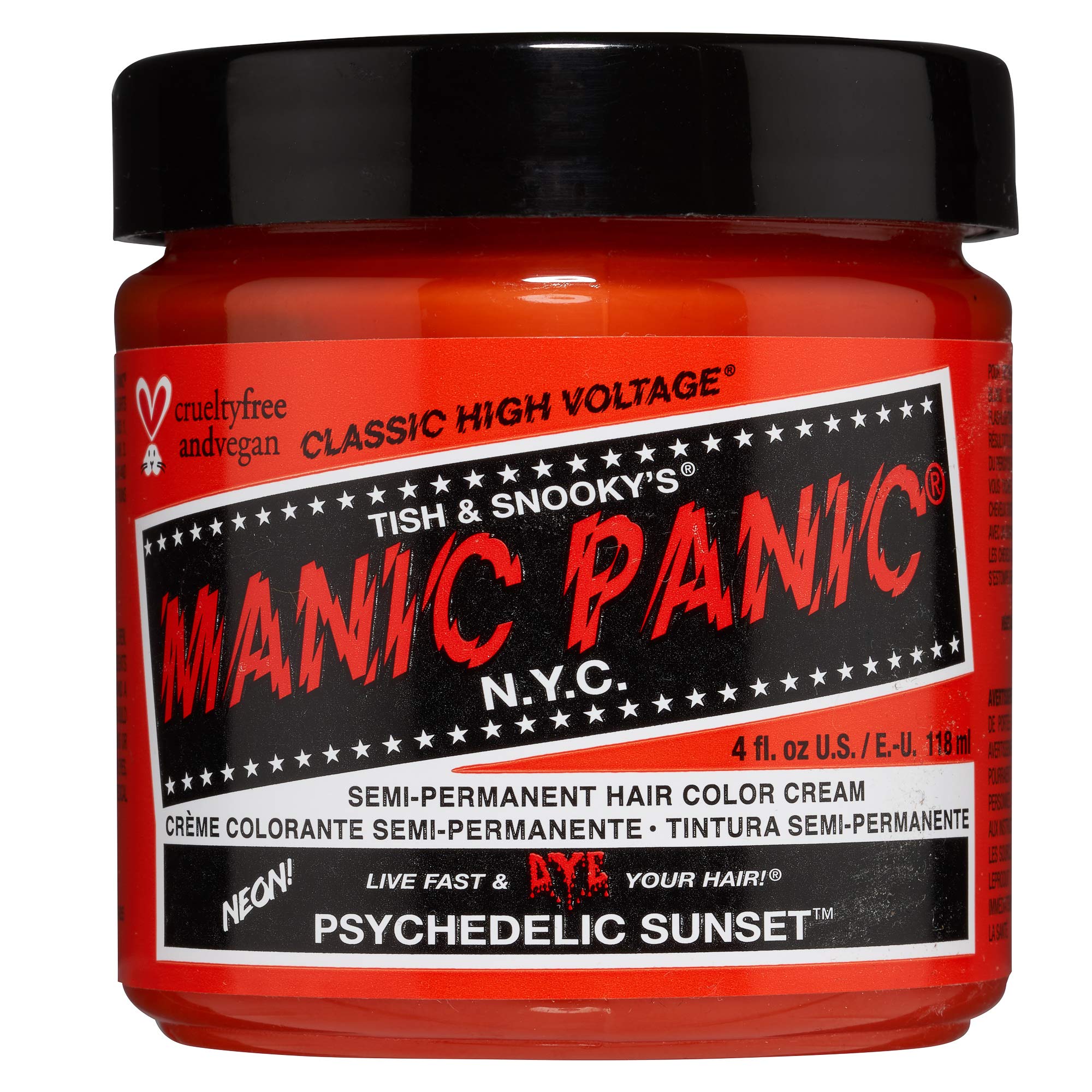 MANIC PANIC Psychedelic Sunset bottle shows bold neon orange color for DIY hair color