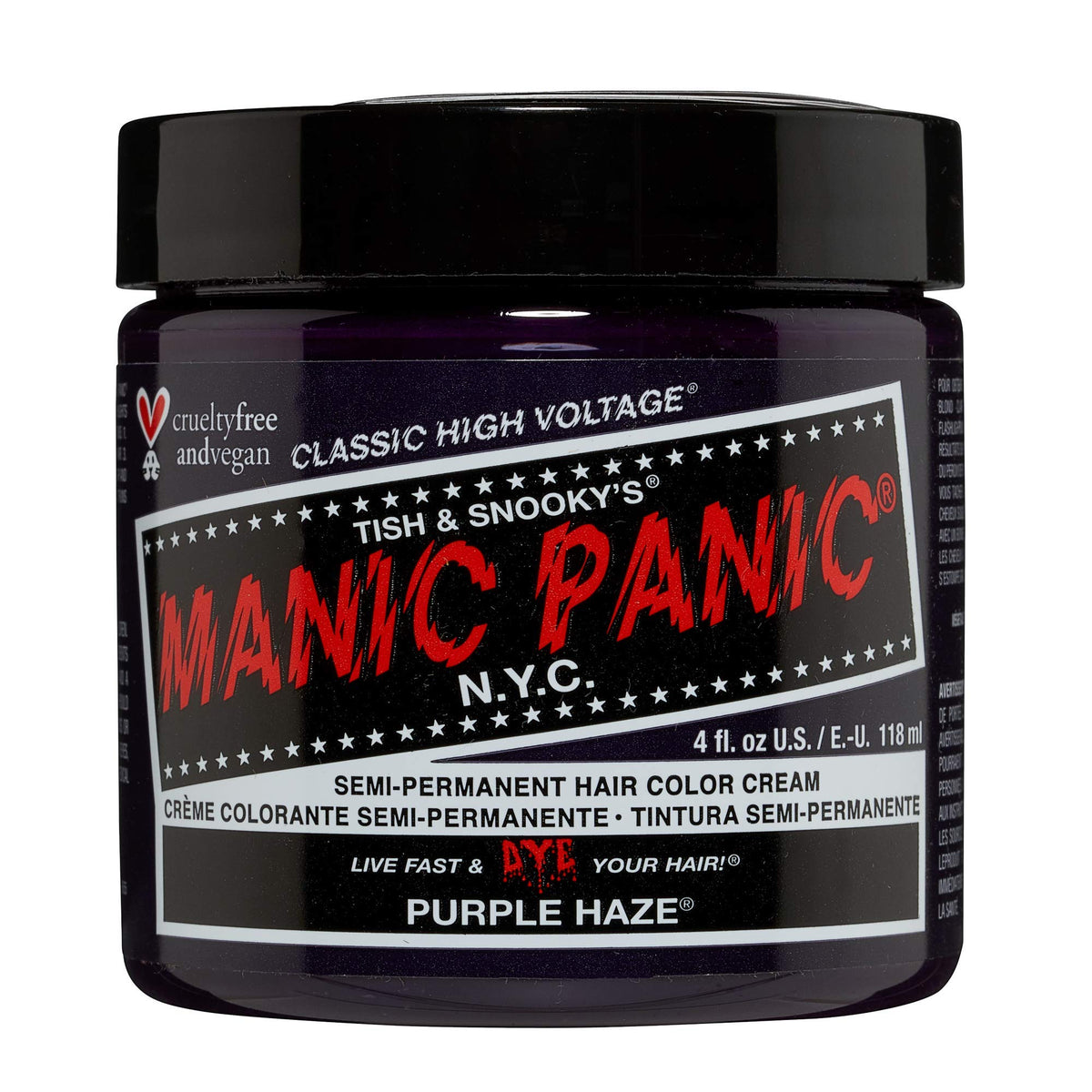 MANIC PANIC Purple Haze bottle with color swatch demonstrates vibrant dye payoff.