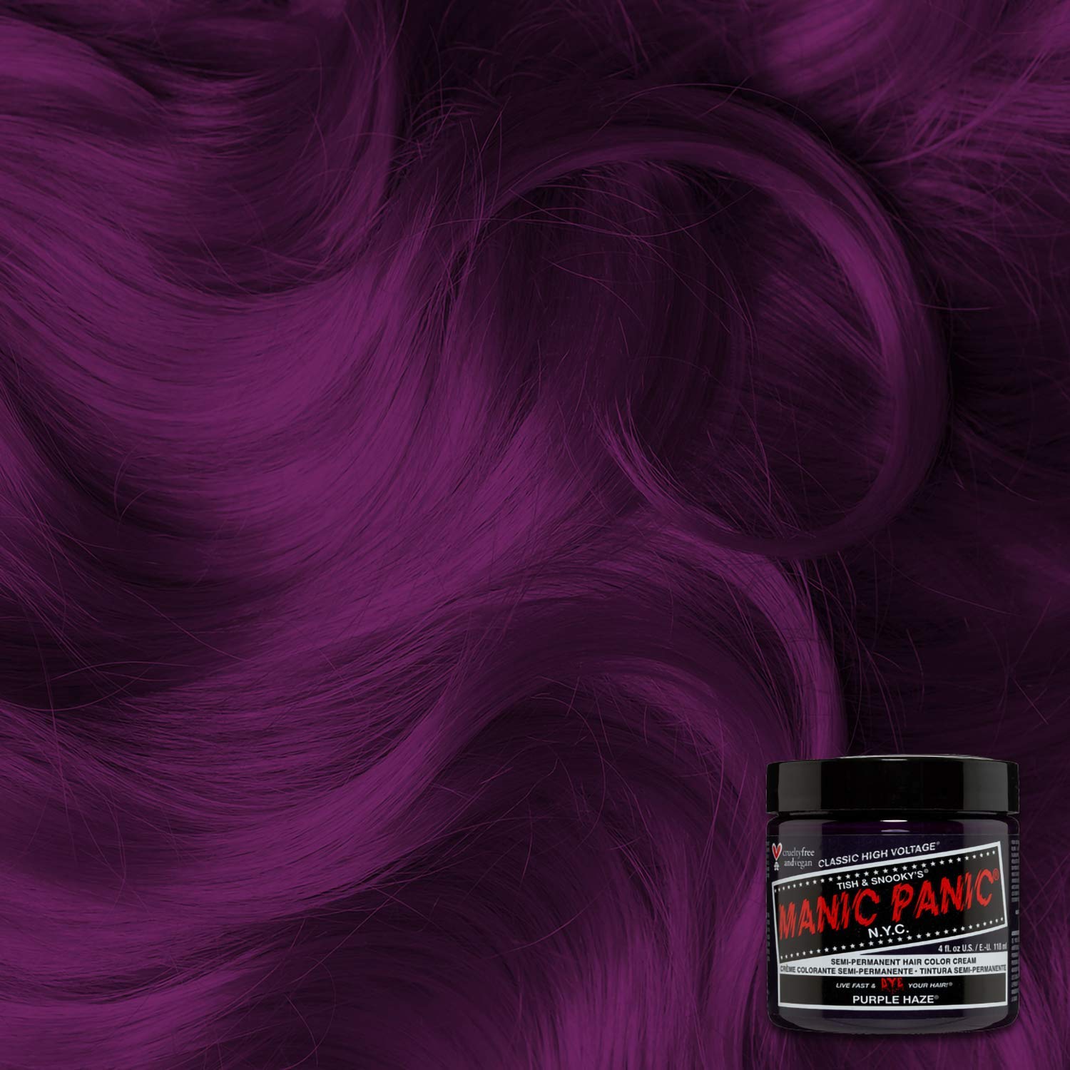 MANIC PANIC Purple Haze is applied to hair to reveal bold, vibrant color.