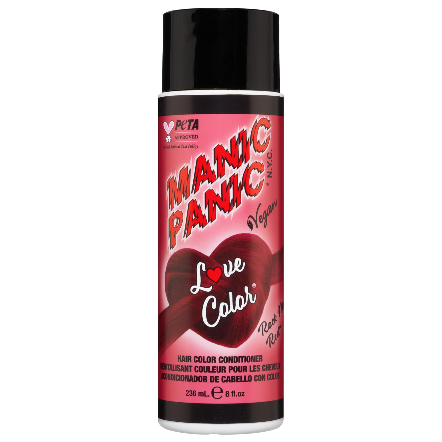 MANIC PANIC Rock Me Red bottle closeup highlighting vibrant color in vegan formula.