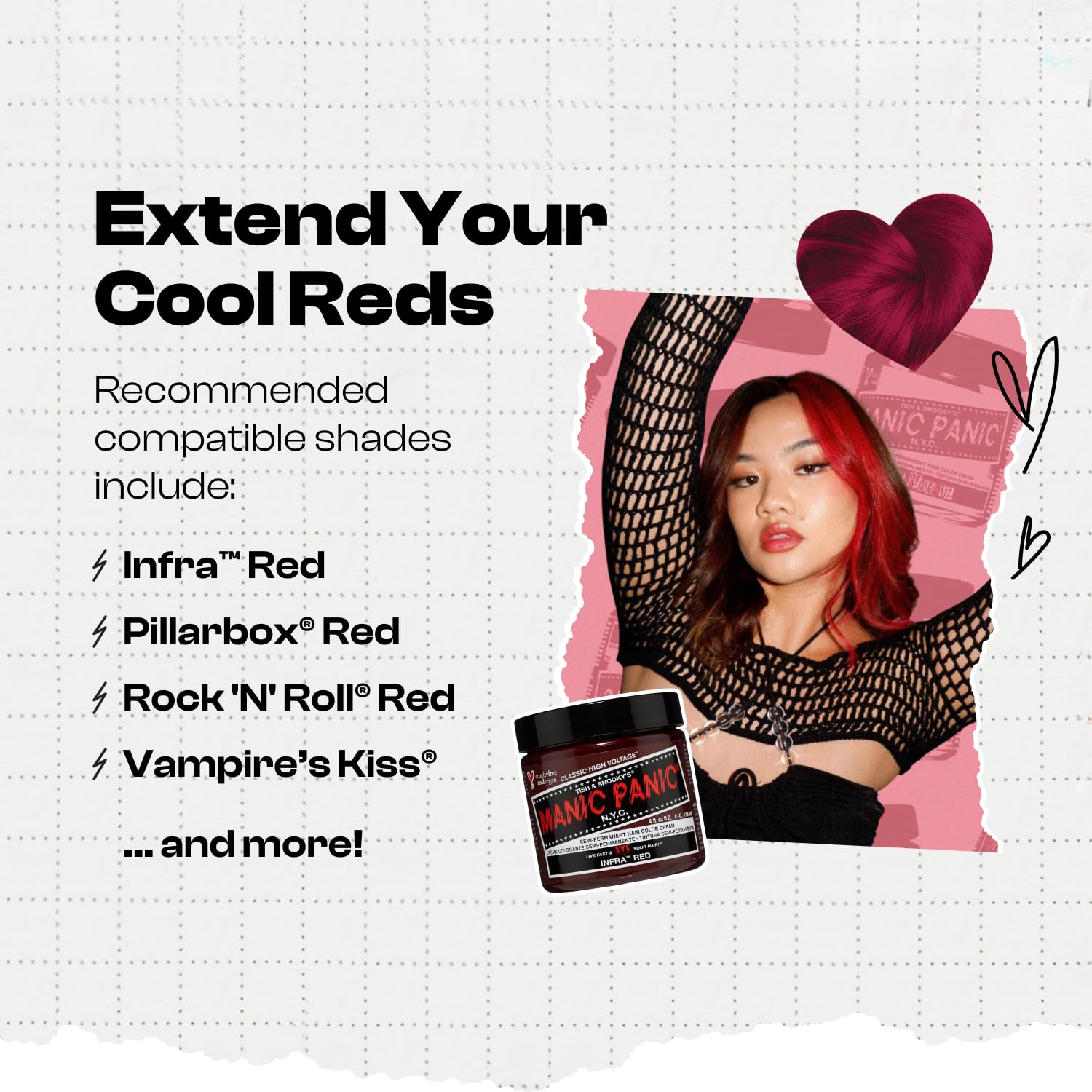 MANIC PANIC Rock Me Red color deposit swatch showing deepen shade with translucence.