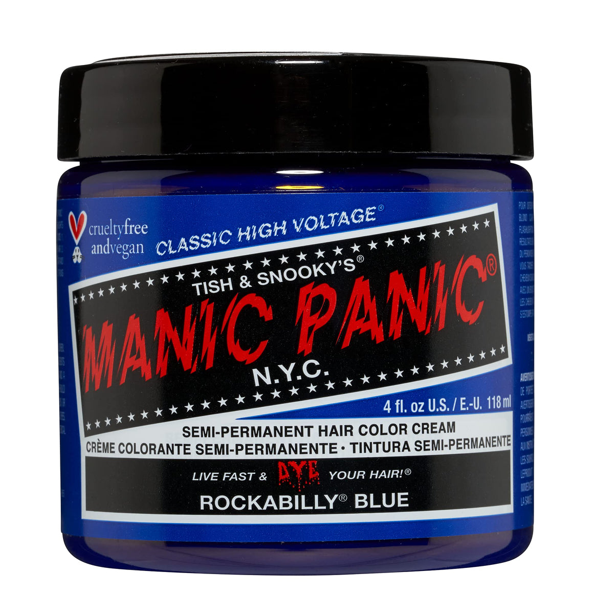 MANIC PANIC Rockabilly Blue bottle highlights vibrant true-blue shade for at-home color.