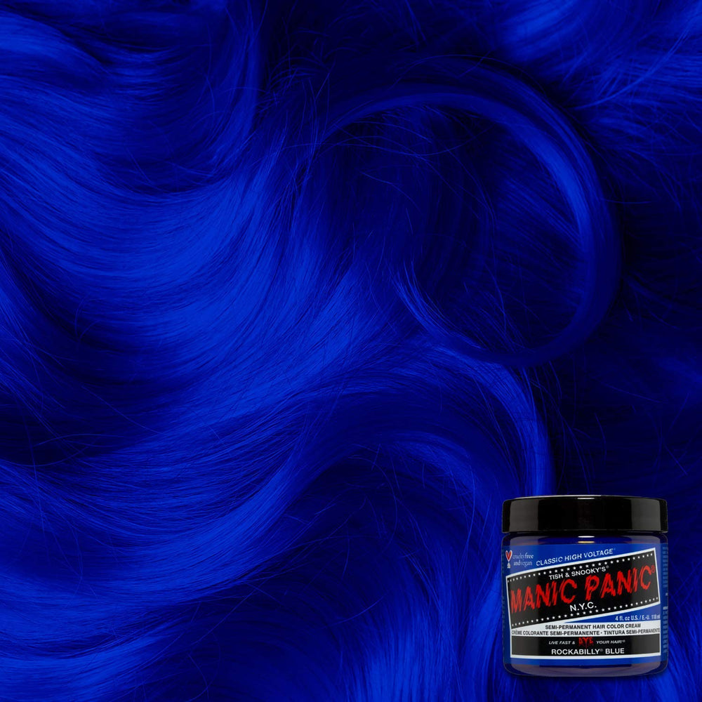 MANIC PANIC Rockabilly Blue swatches illustrate true-blue results and help preview color on lightened hair.