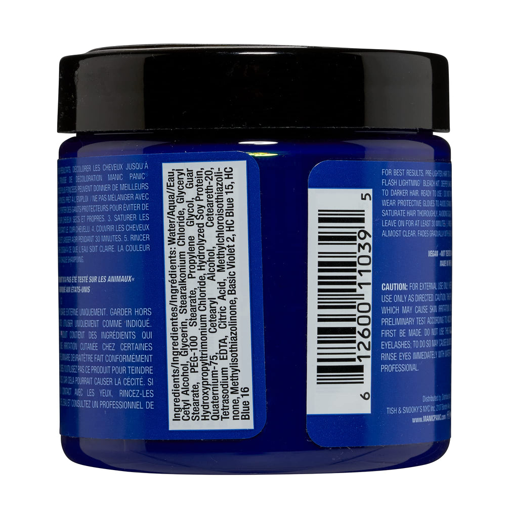 MANIC PANIC Rockabilly Blue tub showcases high-pigment dye ready for custom shade mixing.