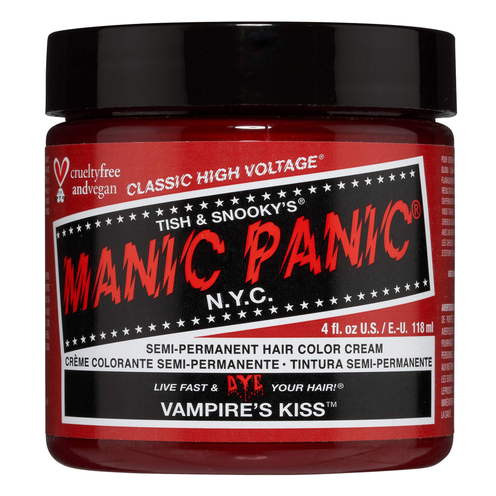 MANIC PANIC Vampire's Kiss bottle showcases deep red shade for bold salon-ready color.