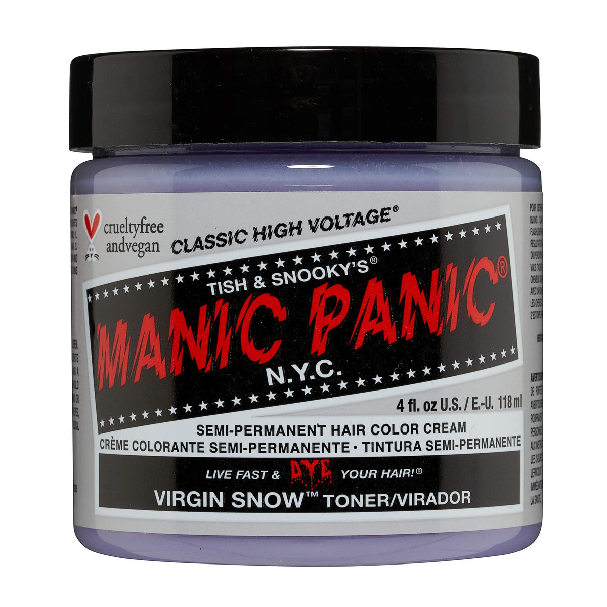 MANIC PANIC Virgin Snow Toner bottle closeup showing brassiness reduction for pale blondes.