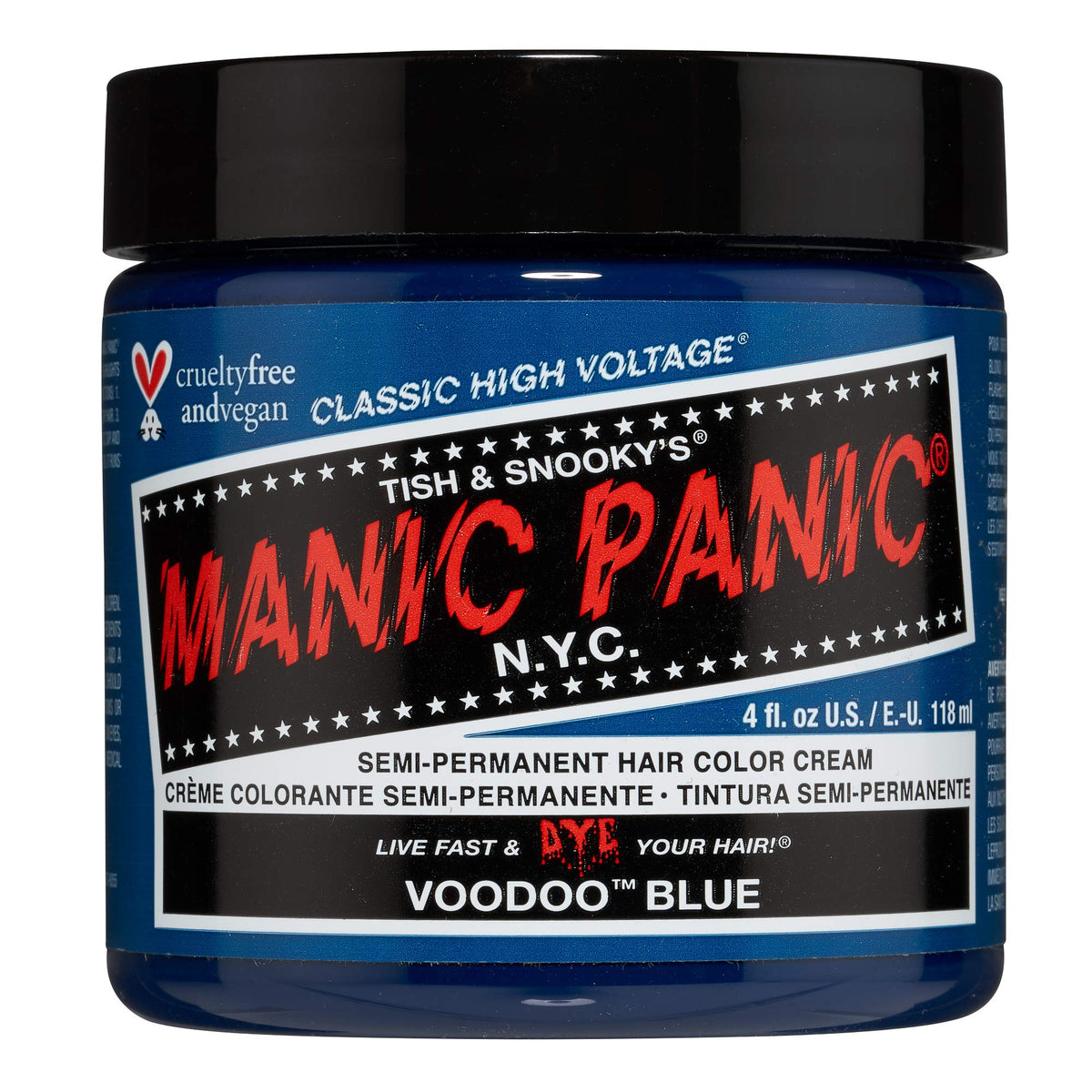 MANIC PANIC Voodoo Blue bottle with swatches for vibrant, long-lasting color planning.