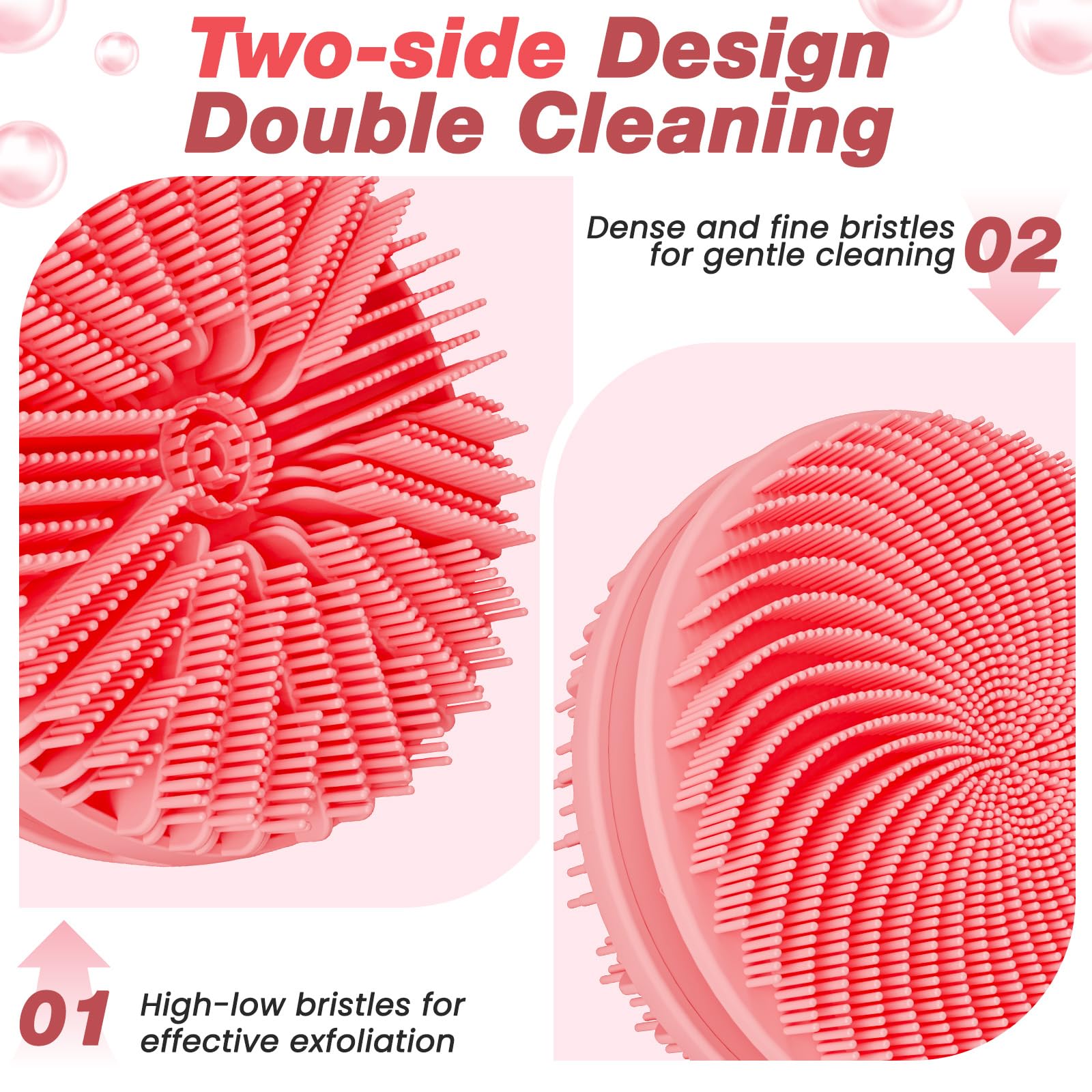 Manmihealth dual-sided silicone body scrubber textured exfoliation highlights high and low bristles for deeper clean.