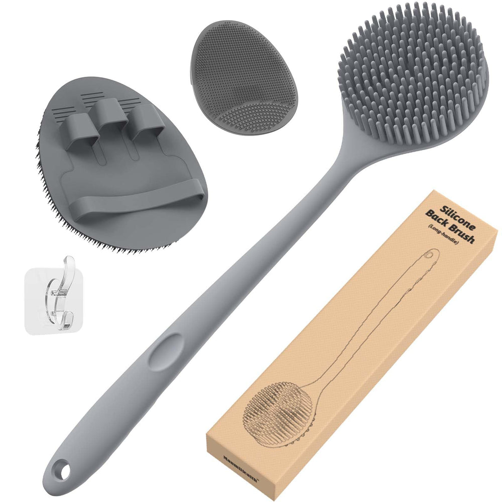 Manmihealth silicone back scrubber with 15-inch handle for easy back cleansing.