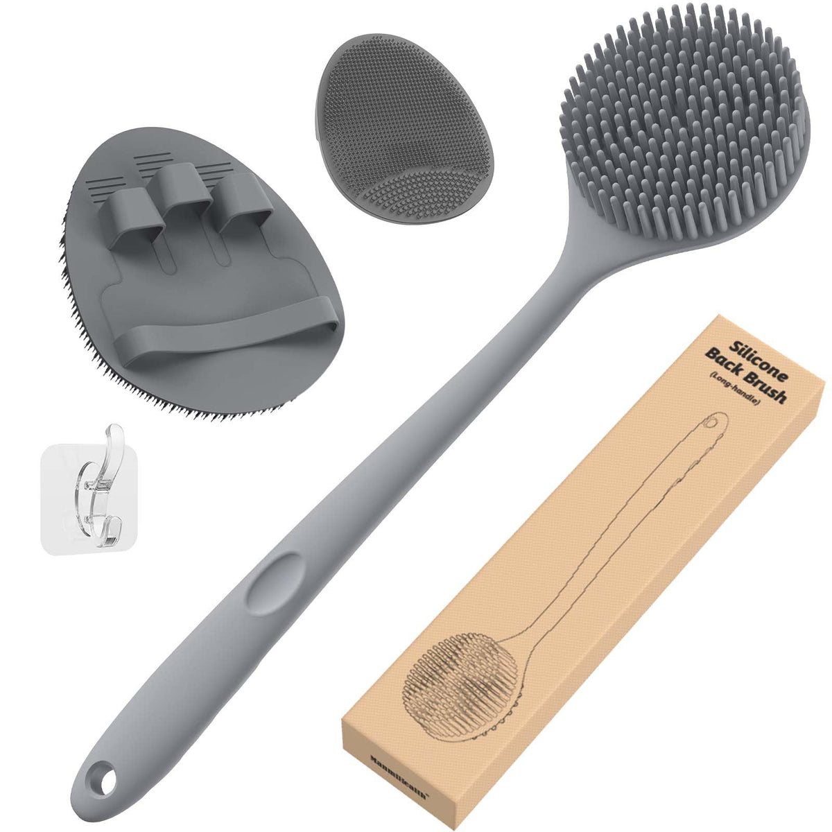 Manmihealth silicone back scrubber with 15-inch handle for easy back cleansing.