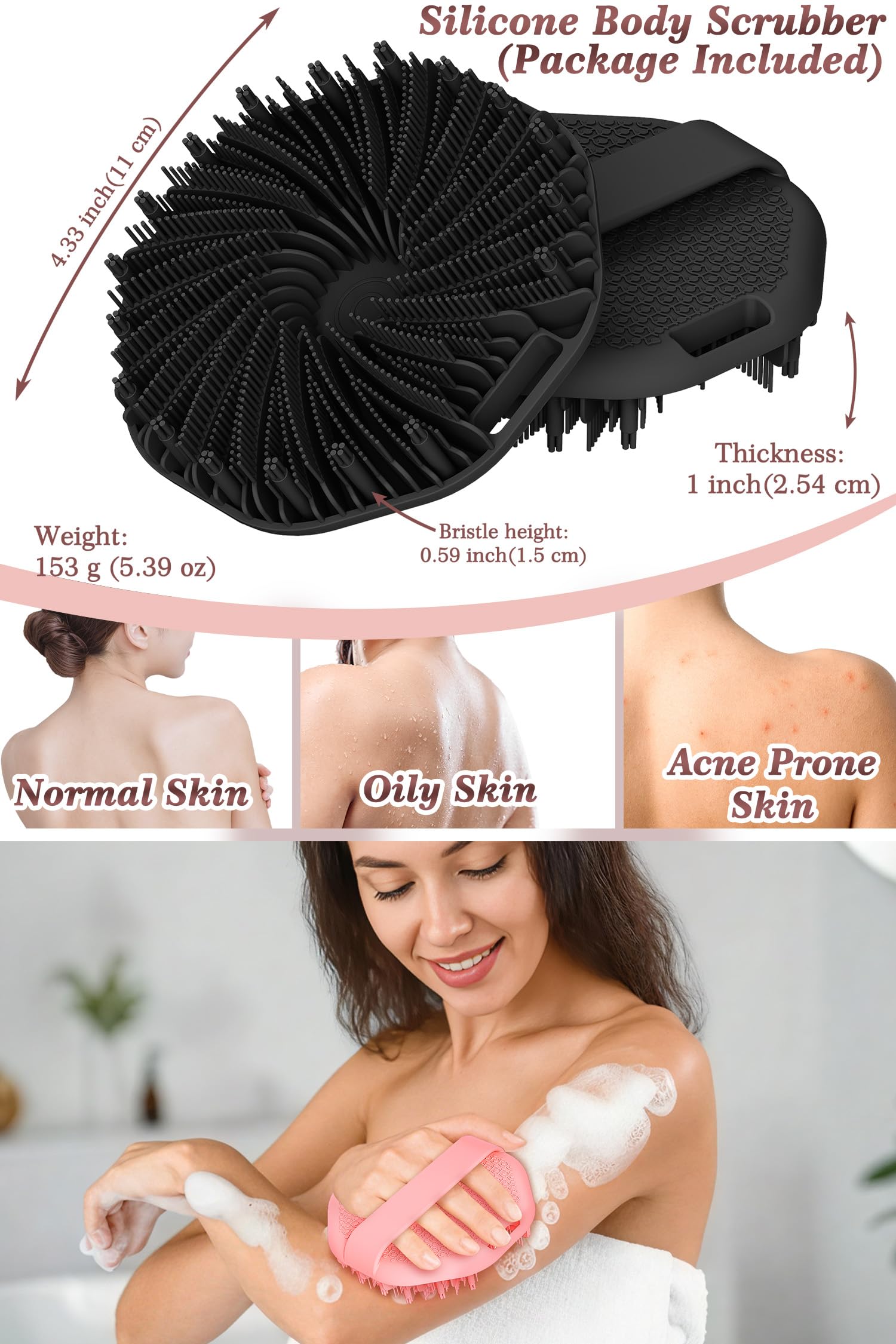 ManmiHealth silicone body scrubber non-slip strap preview demonstrates secure grip during scrub