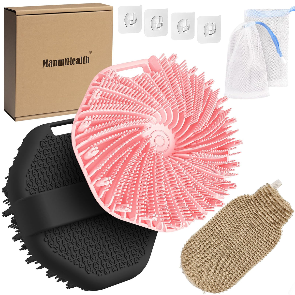 ManmiHealth silicone body scrubber set packaging for organized shower routines