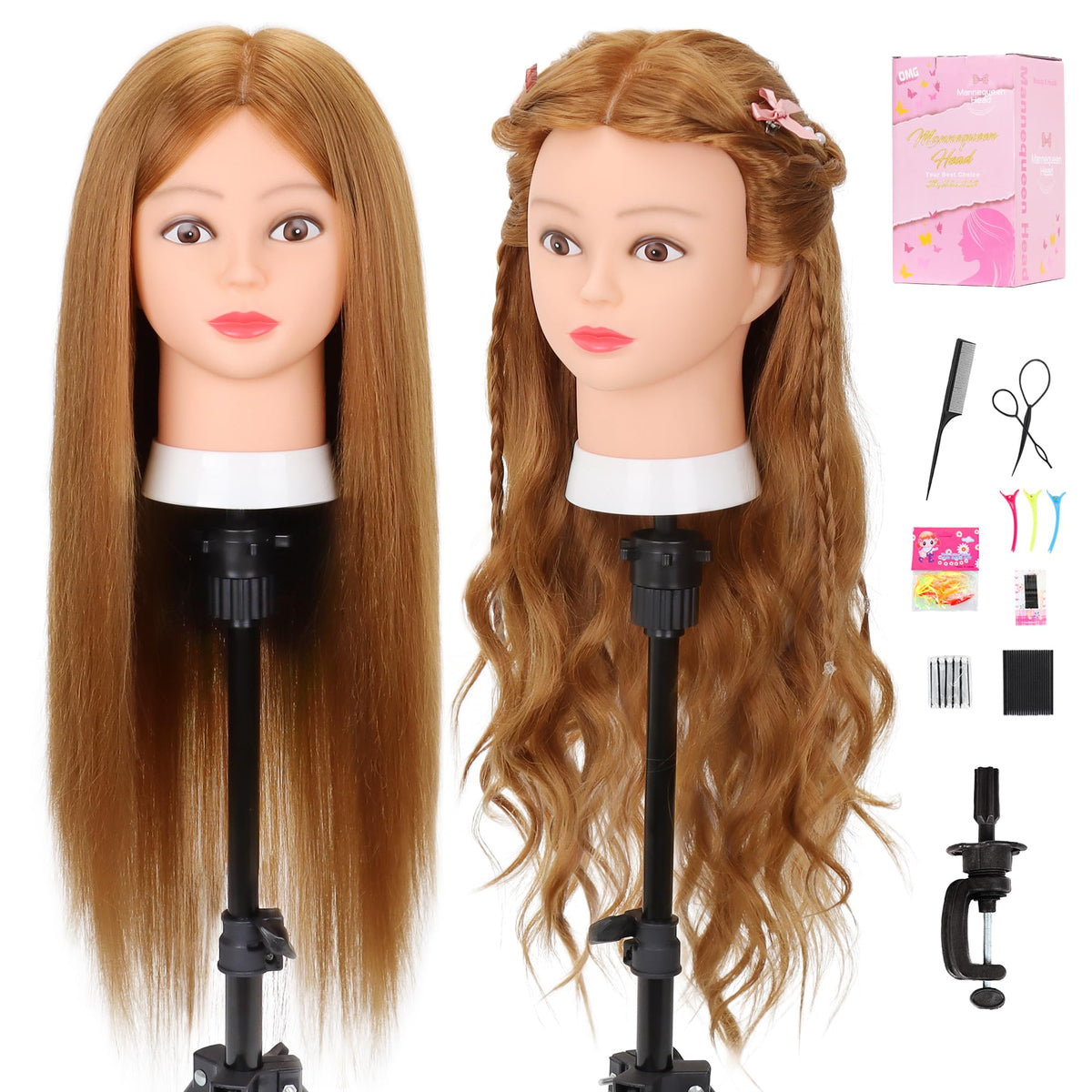 MannequeenHead 80-percent real hair close-up showing 26-28 inch length for realistic styling practice