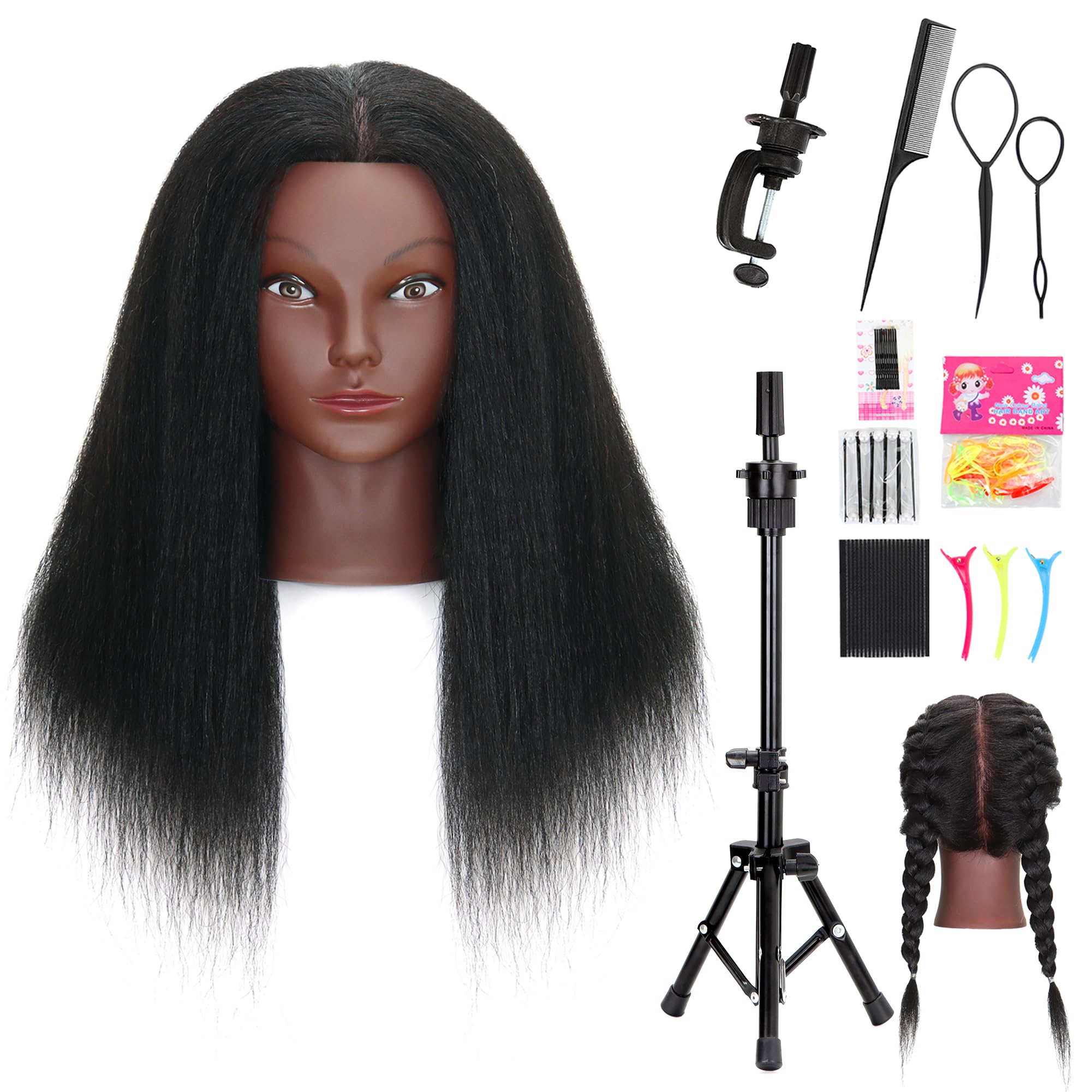 MannequeenHead 16-inch real hair mannequin head for braiding practice and styling.
